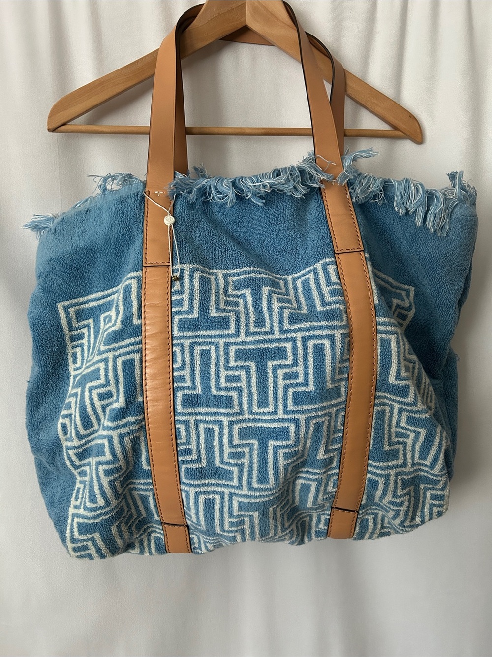 Tory Burch Large Blue Terry T Logo Patterned Tote w/ Double Tan Leather Straps🌸🌸